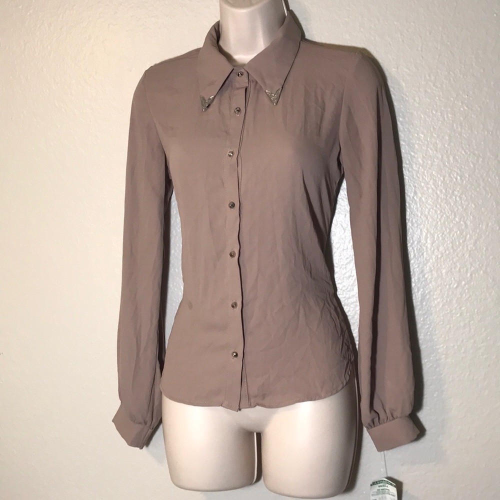 Brown sheer studded button up blouse NWT!